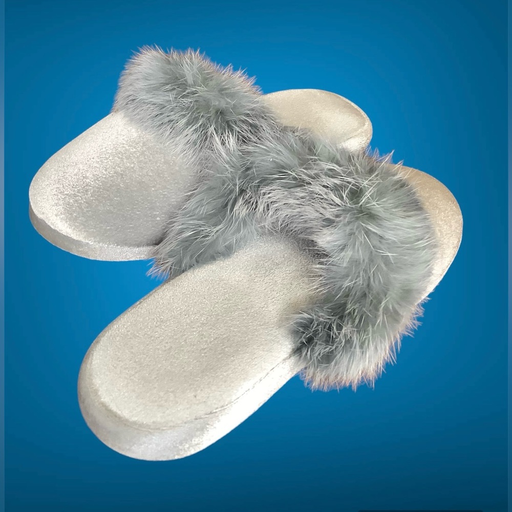 Silver Grey Fur Trimmed House Shoes